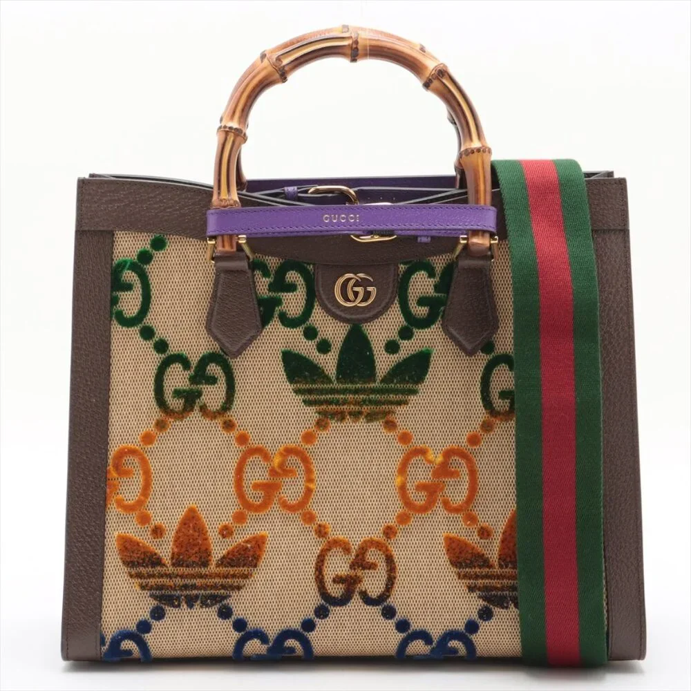 Gucci x Adidas Bamboo Diana Canvas & Leather 2 Way Handbag Beige×Brown 678842 - Picture 1 of 16